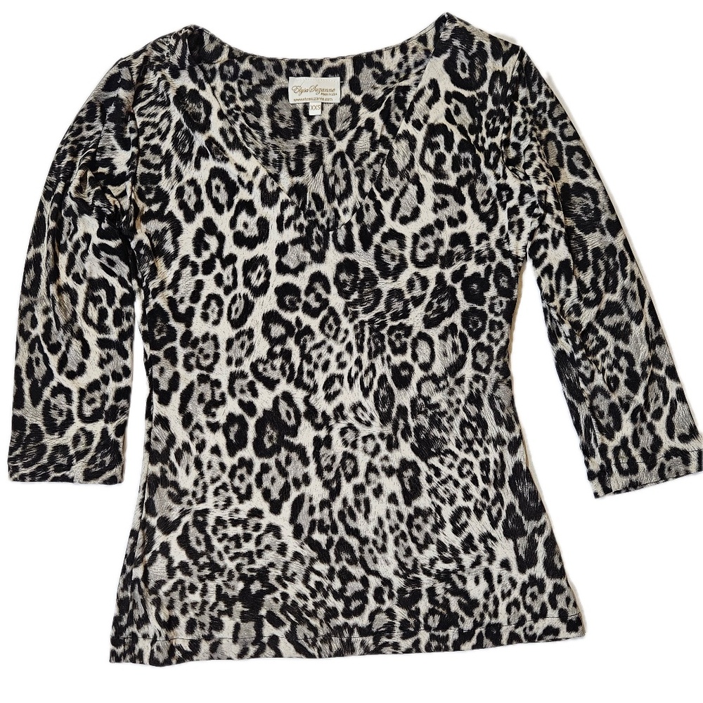 Elysa Suzanne Blouse‎ Womens XXS Black Animal Print V-Neck 3/4 Sleeve Slim